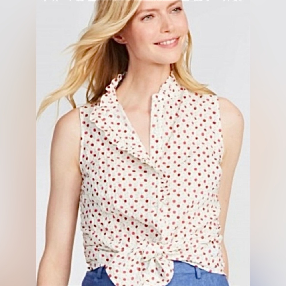 J. McLaughlin White‎ Cherry Print Ruffle Sleeveless Button Down Blouse Size XS